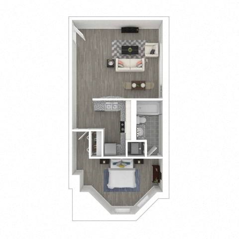 Floor plan for 1 bed, 1 bath, 679 sqft